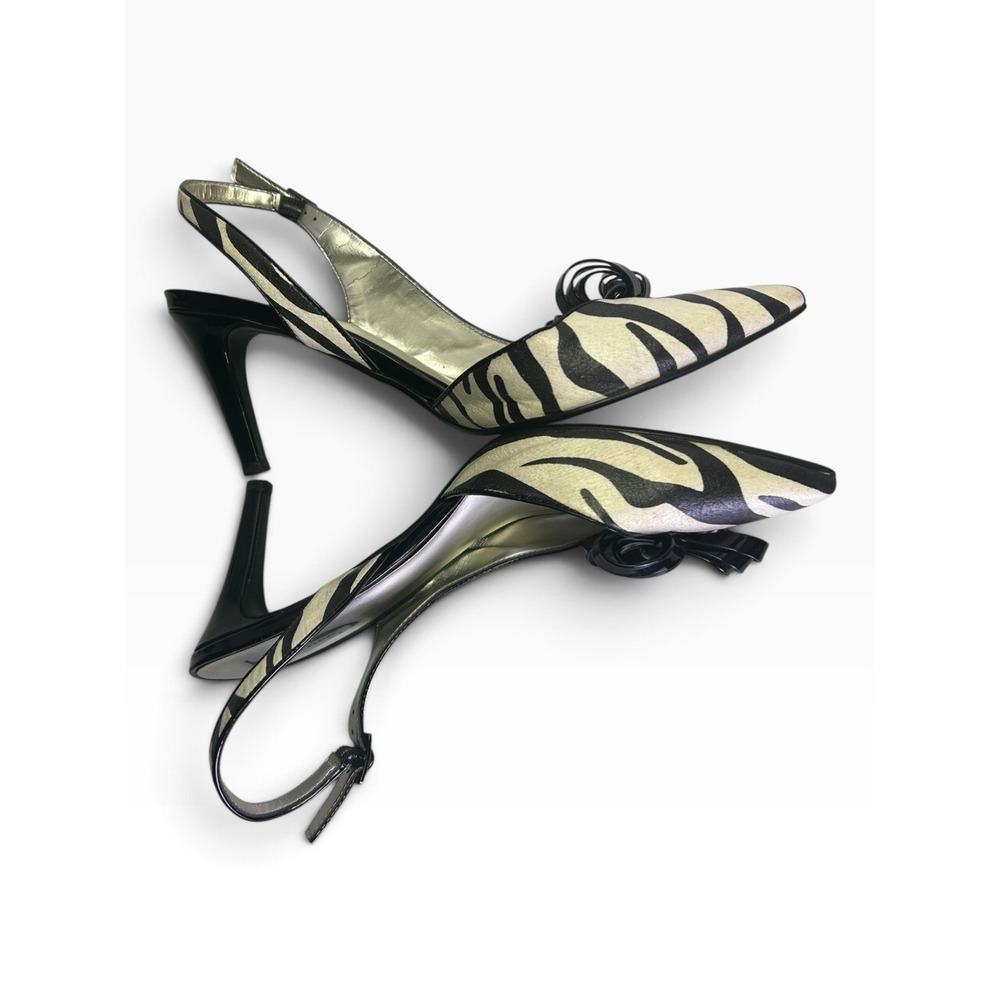 J. Renee Zebra Print Slingback Heels 9.5 M Black Patent Bow Pointed Toe Minetta - Picture 5 of 8
